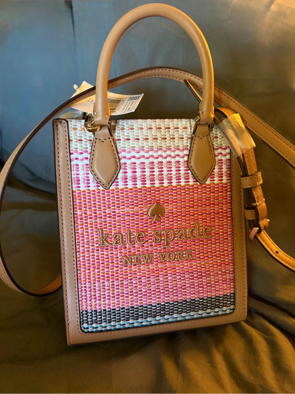 NWT Kate Spade Ellie Mini Woven Tote Crossbody Pink Orange Striped KL560 - Picture 3 of 5